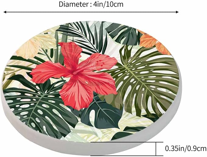 Tropical Plants Cup Coasters Set of 2 Leaf Hibiscus Flowers Foliage Palm Exotic Jungle Nature Botanical Wooden Table Apartment Decor 100% Diatomite for Drinking Glasses,4 Inches