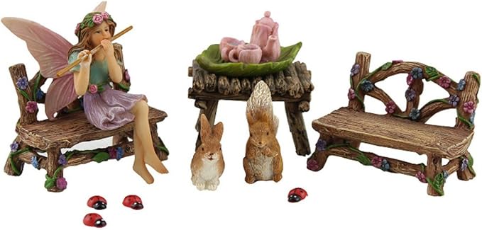 PRETMANNS Fairy Starter Kit with Accessories for Indoor Outdoor Miniature Garden – Adorable Figurine with Furniture, Squirrel, Bunny & Tea Set – 14 Piece Hand-Painted Resin Set