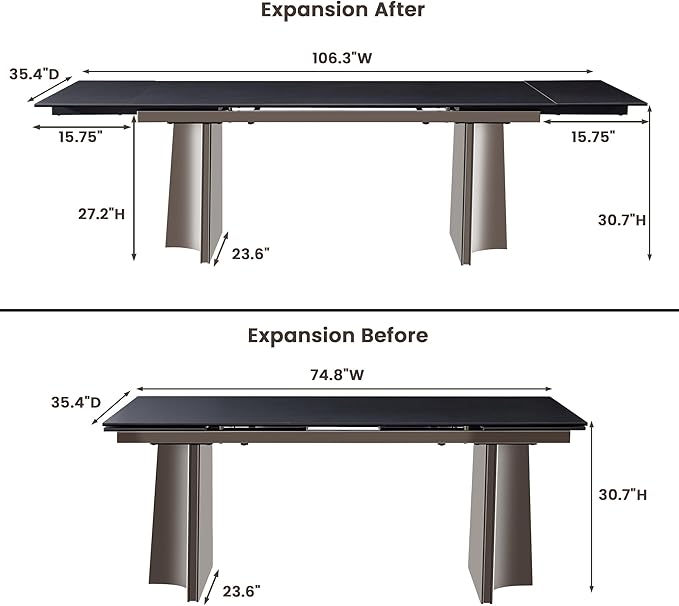 Extendable Dining Table for 8-12 Seat, Flexible Stretch, Tabletop Made from Rock Plate and Tempered Glass, Stable Stainless Steel Brushed Table Legs, 35.4"D x 106.3"W x 30.7"H, Pure Black