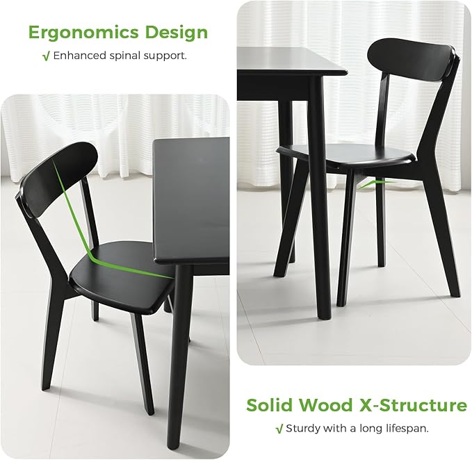 DELAVIN Soild Wood Dining Chairs Set of 2, Oak Wood Kitchen Chairs, Mid Century Modern Dining Room Chairs, Black