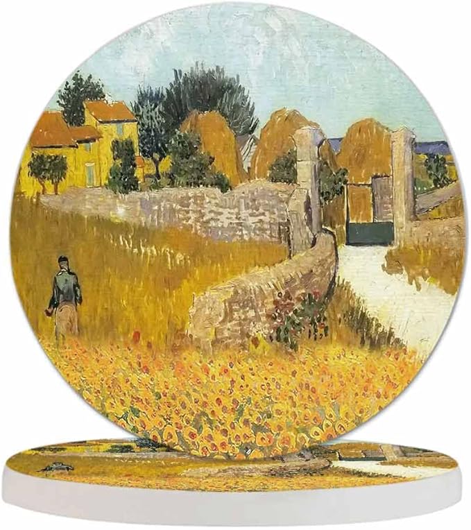 Farmhouse Coasters for Drinks 2 Pack Harvest Season Oil Painting House Farm Village Life with Sunflower Tabletop Protection Kitchen and Coffee Table Décor & Accessories,Set of 2