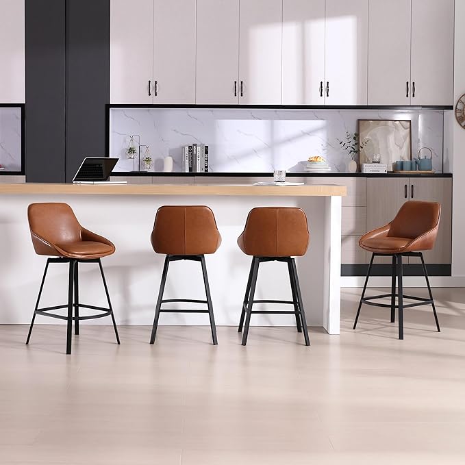 Zesthouse Swivel Counter Height Stools Set of 3, Modern Upholstered Barstools with Backs, 26'' Faux Leather High Chairs for Island Kitchen, Counter Height Chairs with Metal Legs, Brown