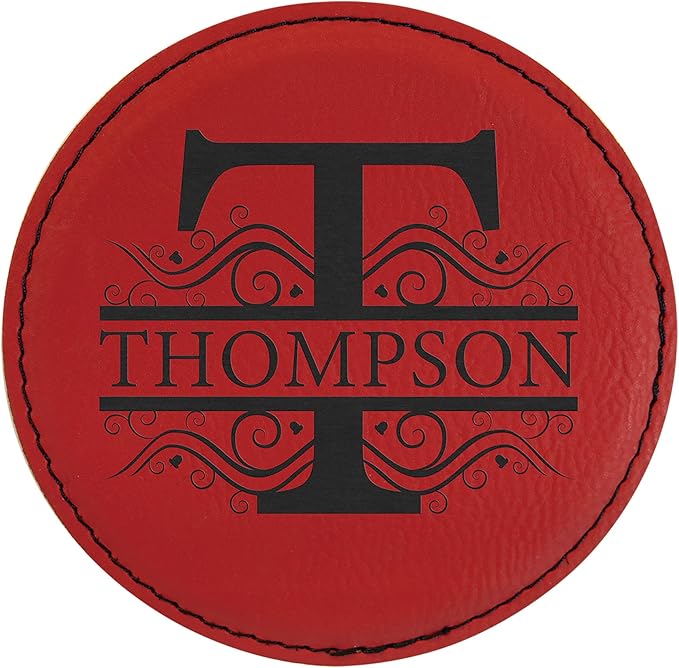 Custom Engraved Coasters | Personalized Leather Coaster | Set of 6 | Drink Coasters with Holder | Laser Engraved | Tabletop Protection | Gift for Couples (Round 4", Red w/Black)