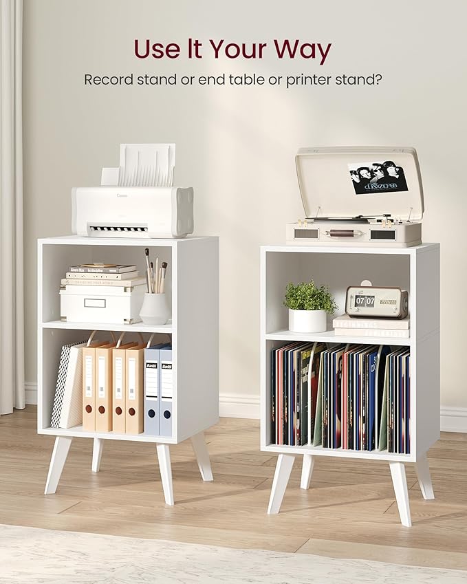 Record Player Stand, 3-Tier Side End Table with Charging Station, Turntable Stand Up to 160 Albums, Vinyl Storage Cabinet Dispaly Shelf for Living Room, Classic White