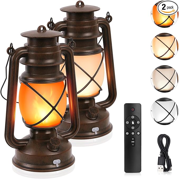 2 Pack Vintage Lantern Flickering Flame Rechargeable LED Retro Camping Lights 4 Modes Remote Control Battery Powered Outdoor Lamp Hanging Lanterns