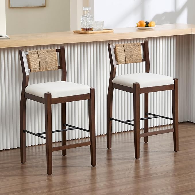 CIMOTA Rattan Counter Height Bar Stools Set of 2, 26" Boho Barstools with Woven Backs, Mid Century Walnut Wood Bar Stool Chairs Sherpa Upholstered Counter Stools for Kitchen Island/Counter/Bar,White