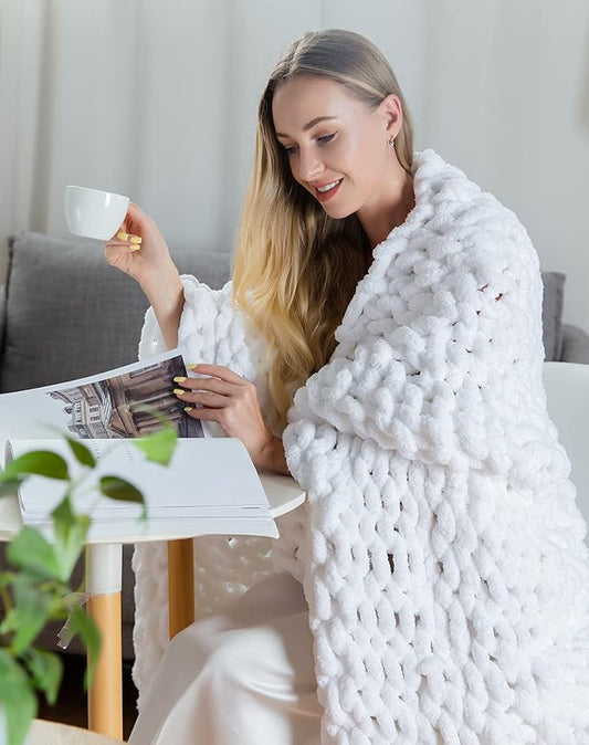 clootess Chunky Knit Blanket Chenille Throw - Warm Soft Cozy for Sofa Bed Boho Home Decor (White 40x60 in)