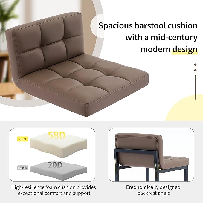 Counter Height Bar Stools Set of 2, Modern Faux Leather Counter Stools with Low Back and Footrest, Upholstered Bar Chairs for Kitchen Island (Coffee Brown, 2Pcs 26" Bar Stools)