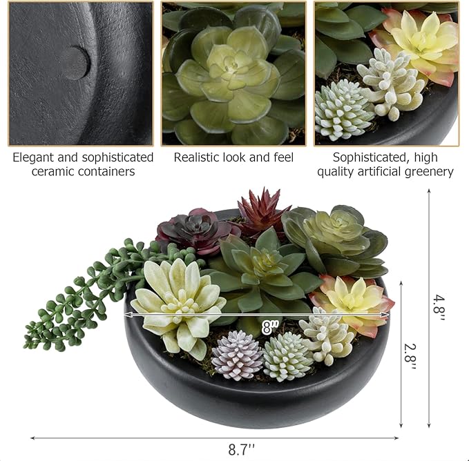 MyGift 8-Inch Artificial Succulent Plant Arrangement, Assorted Fake Plants in Modern Black Round Concrete Planter Bowl