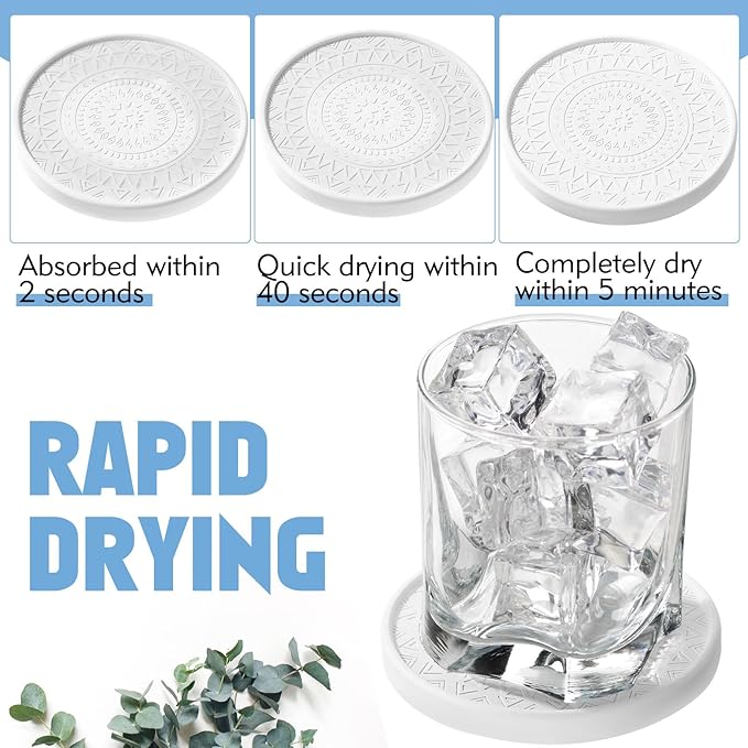 Photect Diatomaceous Earth Coasters Set with Holder Absorbent Stone Drink Coasters Instant Drying Tray for Tabletop Protection Home Decoration Housewarming Gift(White,6 Pcs)