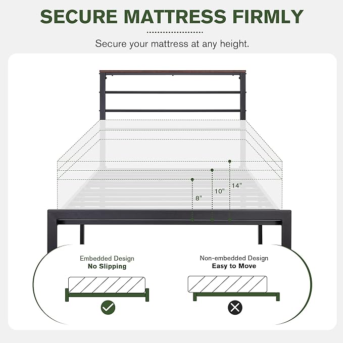 MUTICOR Heavy-Duty Twin Metal Platform Bed Frame with Shelf Headboard, No Box Spring Needed, Easy Assembly, Brown Shelf
