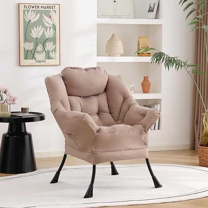 Welnow Lazy Chair for Living Room, Modern Reading Lounge Accent Chair with Armrests and a Side Pocket, Leisure Upholstered Lazy Sofa for Small Space, Bedroom, Dorm, Khaki