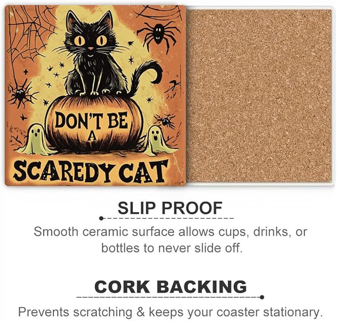 Halloween Drink Absorbent Coasters with Holder Set of 6, Ceramic Stone with Cork Base, Vintage Pumpkin Coaster for Drinks, Gift for Housewarming Room