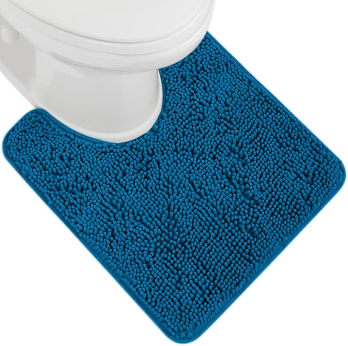GORILLA GRIP Plush Absorbent Shaggy Chenille Bath Rug Mat for Oval Toilet Base with Rubber Backing, Machine Washable Rugs, Soft Microfiber Contour Mats for Toilets, Bathroom Decor, Blue