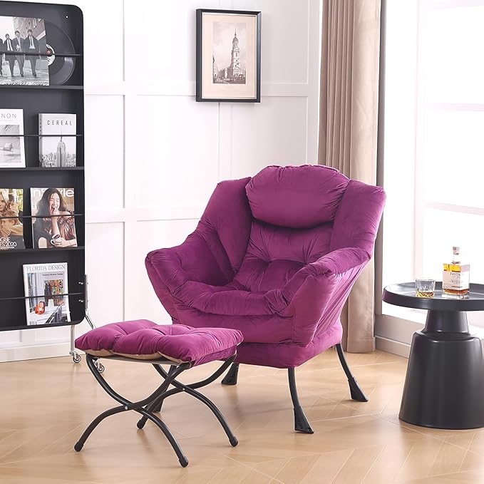 LITA Lazy Chair with Ottoman, Modern Accent Leisure Upholstered Sofa Chair, Contemporary Lounge Reading Chair with Armrests and a Side Pocket for Living Room, Bedroom & Small Space
