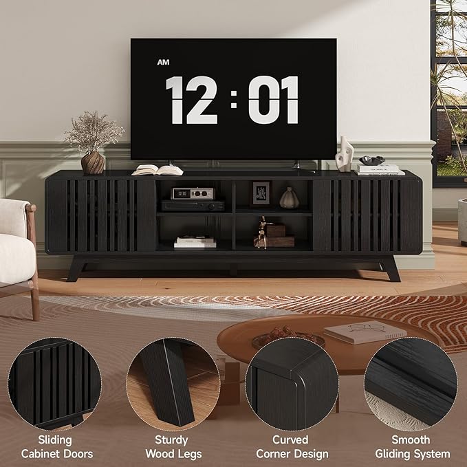 ONBRILL 70-Inch TV Stand for TVs up to 80 Inch, Mid-Century Modern Television Stand with Power Outlet， Entertainment Center with Sliding Grille Door Cabinets and Open Shelves for Living Room, Black