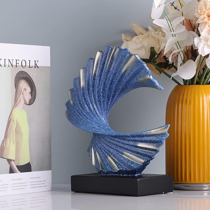 Blue Gold Wave Sculpture, Modern Ocean Wave Home Accents, Resin Art Statue for Shelf, Coffee Table, TV Stand Adornos Modernos
