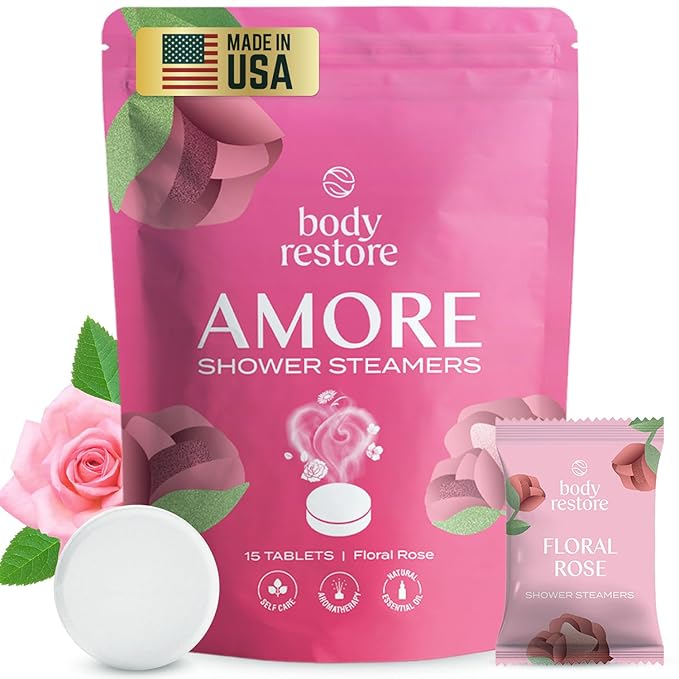 Body Restore Shower Steamers Aromatherapy 15 Pack - Christmas Stocking Stuffers for Men, Birthday Gifts for Women, White Elephant, Relaxation, Self Care - Rose