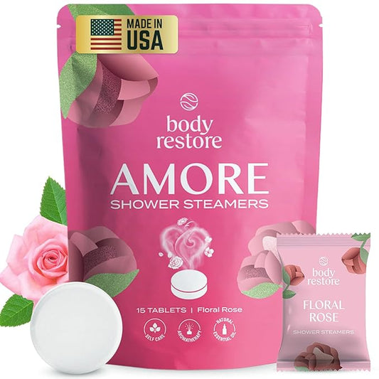 Body Restore Shower Steamers Aromatherapy 15 Pack - Christmas Stocking Stuffers for Men, Birthday Gifts for Women, White Elephant, Relaxation, Self Care - Rose