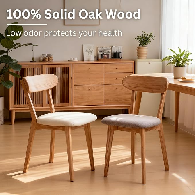 100% Solid Oak Wooden Dining Chairs - Practical Kitchen Chairs with Upholstered Cushion - Wood Chair for Dining Room, Kitchen (1, Natural with Grey Cushion)