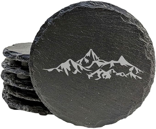 Mountain Majesty Slate Coasters with Stunning Mountain Scene Design - Perfect for Home and Office Decor and Protection of Surfaces, Available in Square or Round Coasters - Round Slate - Set of 5