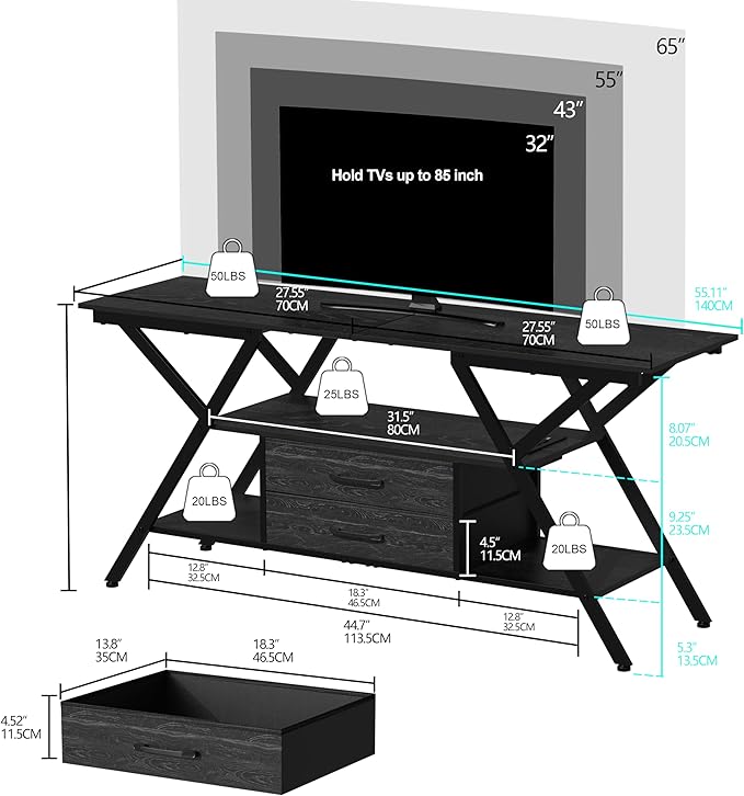 TV Stand with Power Outlet and LED Lights, Fits TVs up to 65”, 2 Fabric Drawers Entertainment Center with Open Storage Shelves, Media Console for Living Room, Bedroom (Charcoal Black)