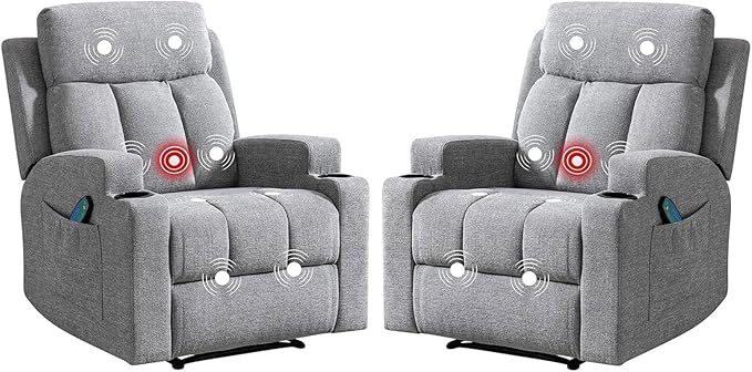 Phoenix Home Manual Recliner Chair Set of 2 with Massage and Heat, Ergonomic Overstuffed Breathable Fabric Recliner Single Sofa Seat with 2 Cup Holders, Living Room Lounge Recliners on Clearance, Gray
