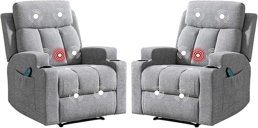 Phoenix Home Manual Recliner Chair Set of 2 with Massage and Heat, Ergonomic Overstuffed Breathable Fabric Recliner Single Sofa Seat with 2 Cup Holders, Living Room Lounge Recliners on Clearance, Gray
