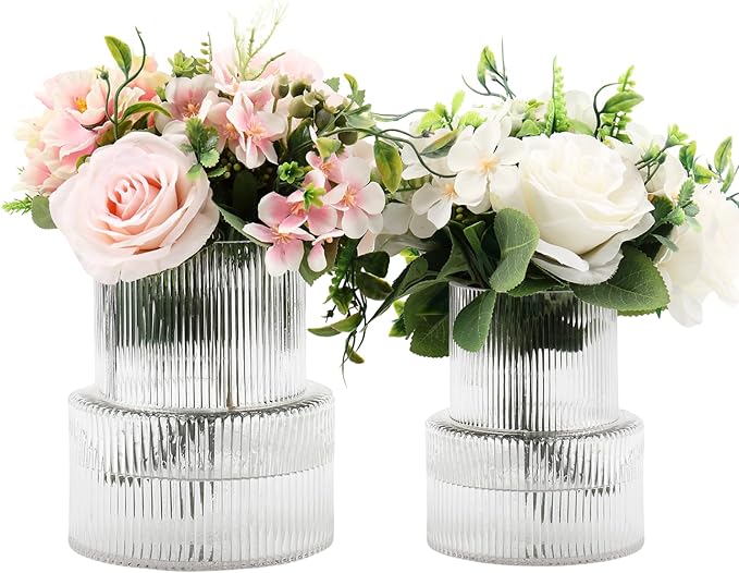 Ribbed Glass Vases for Bouquet, Set of 2 Fluted Vases for Flowers, Clear Vase for Tulips, Modern Glass Vase for Living Room, Office, Coffe Table, Dining Table, Shelf, Wedding