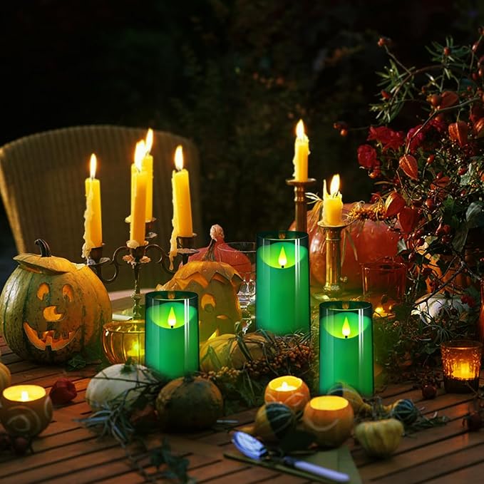 NURADA Flameless Candles: 3D Wick Battery Operated LED Pillar Acrylic Fake Candles with Remote and Timer for St. Patrick's Day Home Holiday Christmas Party Table Decor - 3 Pack Green