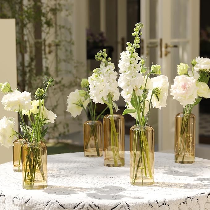 12Pcs Glass Bud Vases Set, Small Flower Vase for Centerpieces, Small Vases for Flowers, Decor Centerpiece for Bathroom, Decorative Vases for House Warming (Amber)
