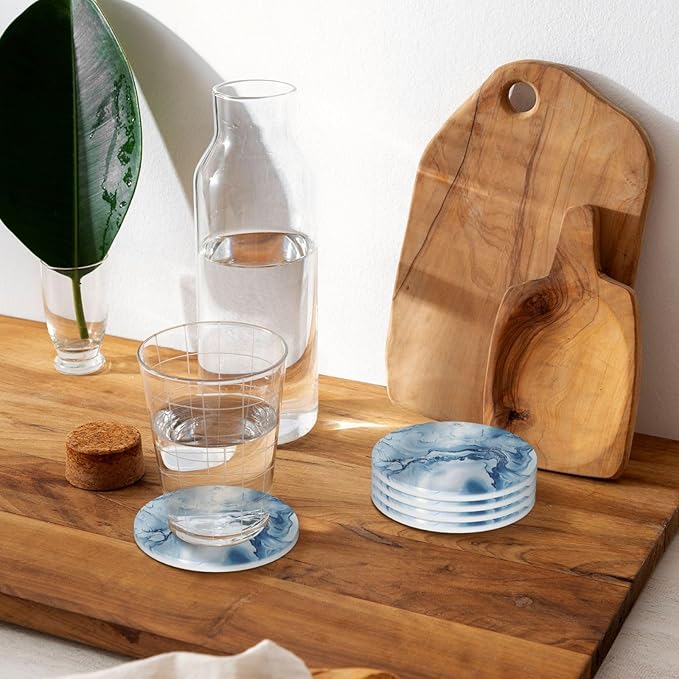 White Blue Marble Coasters for Drinks Absorbent Ceramic Coaster Set of 4 for Coffee Table Cup Bar Desk Round Coasters Mat with Cork Base Seasonal Home Decors