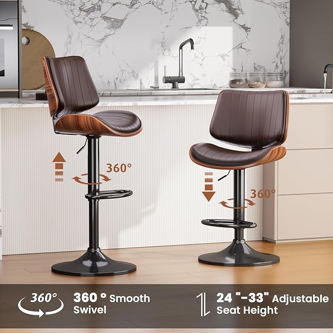 Swivel Bar Stools Set of 4, Adjustable Bentwood Barstools for Kitchen Counter, Modern PU Leather Upholstered Bar Chair with Back and Footrest, for Kitchen Island, Bar, Dining Room, Brown