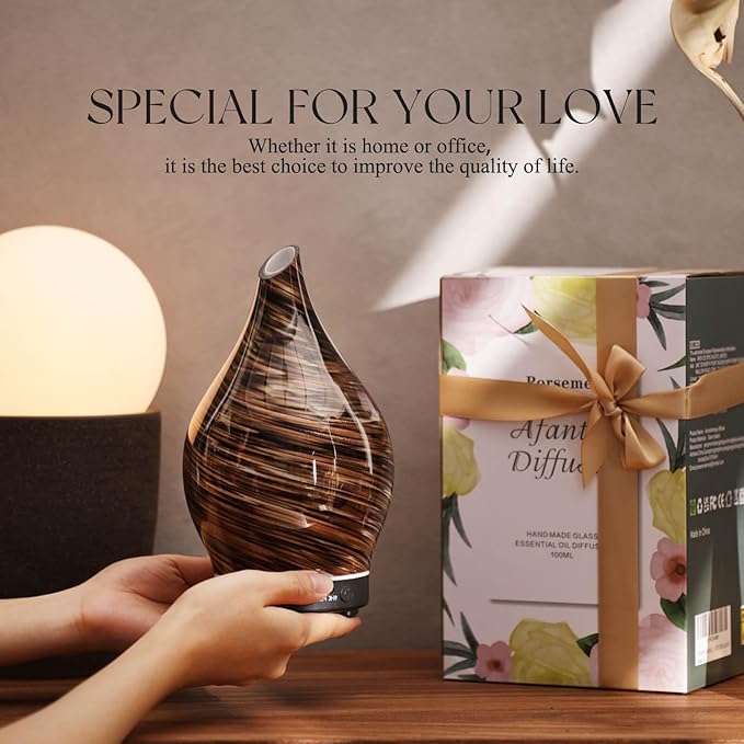 Porseme 150ml Essential Oil Diffuser Glass Color Changing Aroma Air Diffusers Aromatherapy Ultrasonic Cool Mist Humidifier 6 Running Hours Waterless Auto-Off for Sleeping Yoga Office Spa (Dark Golden)
