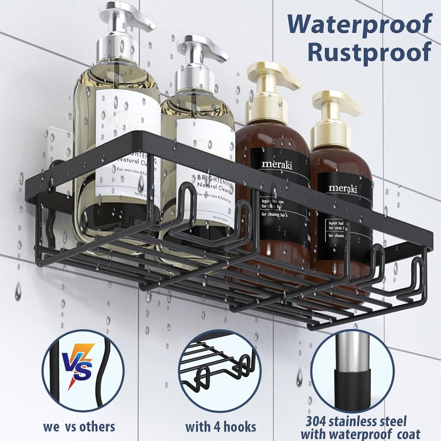 5 Pack Shower Caddy Organizer Rack Shelf for Inside Shower, Adhesive Bathroom Wall Storage Basket Rustproof Stainless Steel Shampoo Holder, Bathroom Accessory Decor Set, Black