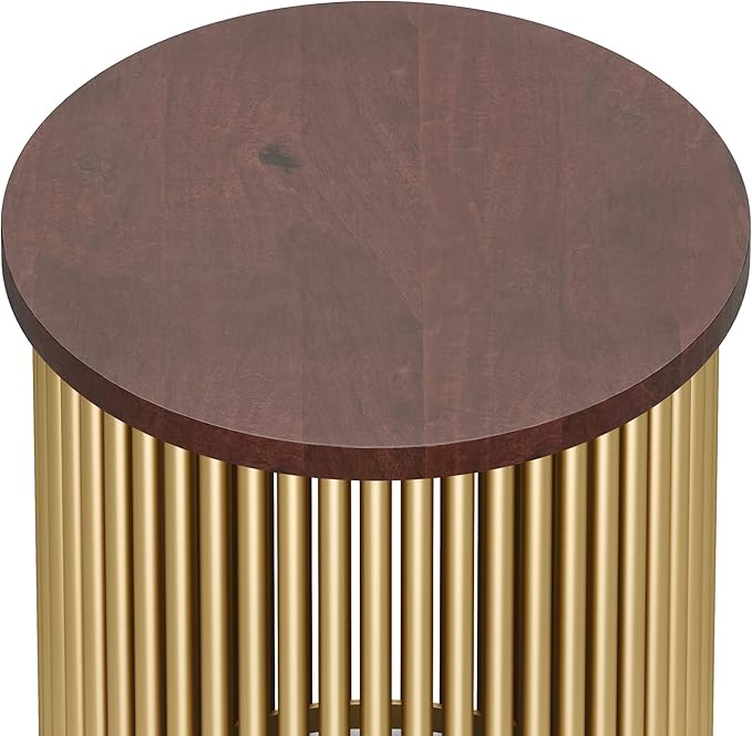 SIMPLIHOME Demy 18-inch Wide Metal and Solid Mango Accent Table in Cognac/Gold, Round Side Table with Mango Wood Top for Living Room or Bedroom, Industrial Style, Assembled