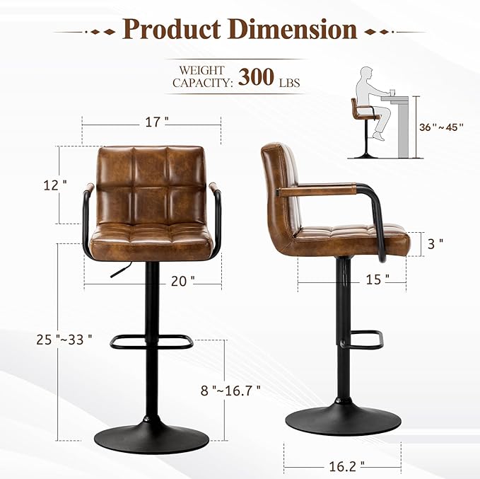 Furniliving Bar Stools Set of 2 with Back, Modern Square PU Leather Kitchen Stools with Armrest, Adjustable Counter Height Barstools for Kitchen Bar Pub Cafe (Yellowbrown)