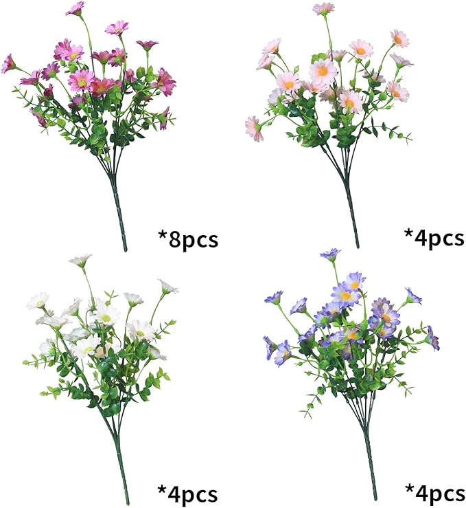Artificial Flowers for Outdoors Colorful Daisy 20 Bundles Faux Plant Outdoor Spring Summer Decor Realistic Fake Plants Outside for Planters Front Porch Backyard Decor (20 Bundles 5 Colors)