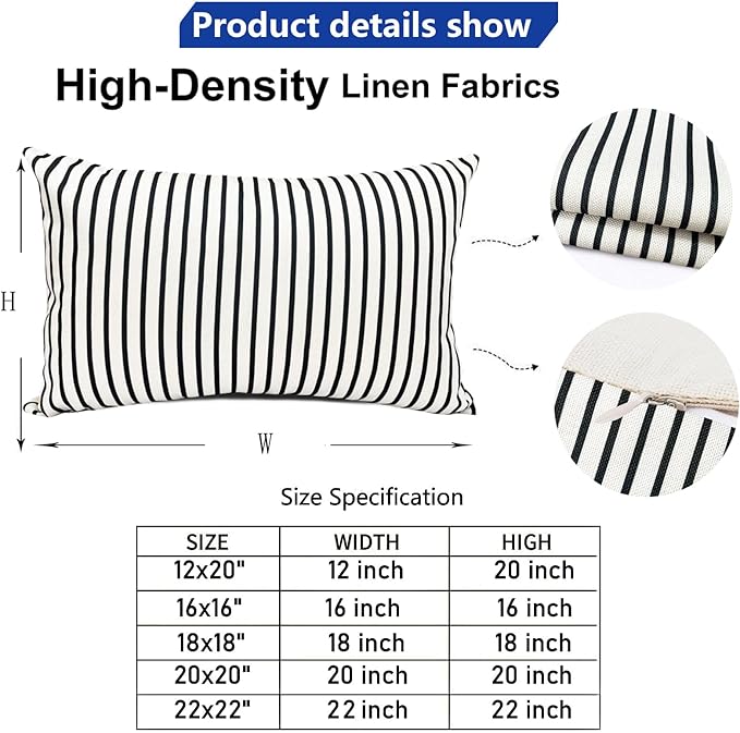 Decorative Throw Pillow Covers Set of 2 Black Striped Pillow Covers 12x20 Inch Throw Pillow Cover Linen Pillowcase Modern Farmhouse Outdoor Pillow Covers for Couch Sofa Bed Living Room