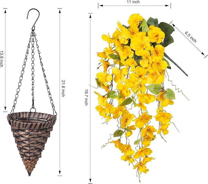 Artificial Hanging Flower Baskets for Fall Decoration, Outdoor Fake Plant Faux Silk Hibiscus Long Vines in Planter UV Resistant Realistic Flowers for Outside Porch Patio Home Decor, Yellow