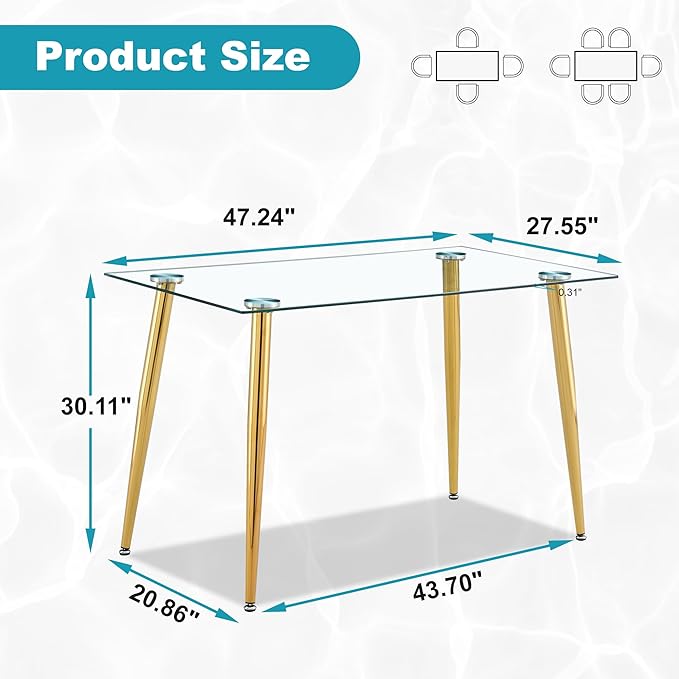 Dining Table for 6 Kitchen Table 47.2" Rectangular Modern Glass Dining Table Kitchen & Dining Room Tables with Glass Tabletop and Metal Legs for Dining Room and Kitchen, Champagne