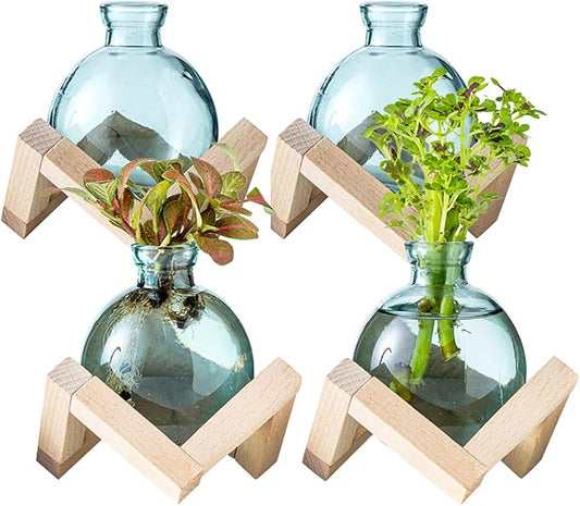 Plant Propagation Station, Plant Terrarium with Wooden Stand for Hydroponic Plant Propagation, Propagation Vases for Plants, Green Glass Bulb Vases for Home Office Decor (4)