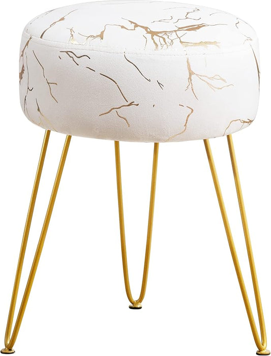 LUE BONA Vanity Stool, Gold Vanity Stools for Makeup Room, Round Ottoman Foot Stool, Velvet Footrest Vanity Chair for Bathroom Vanity, Bedroom, Living Room, Entryway, Offices