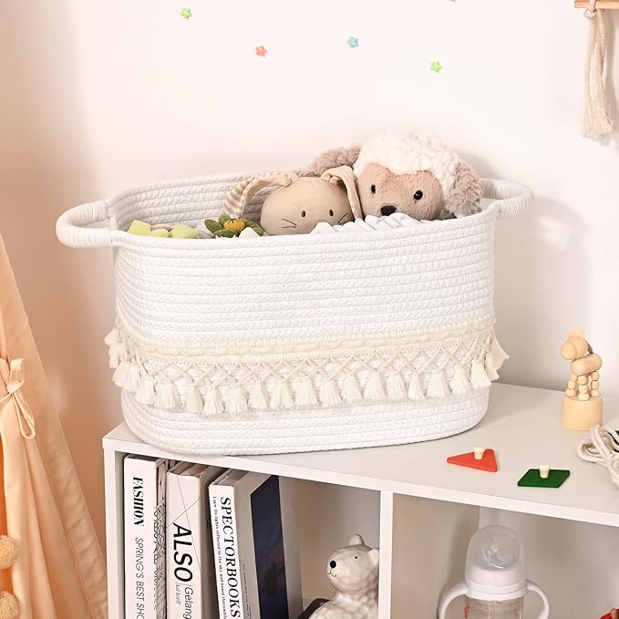 2 Pack Storage Basket for Shelves, Boho Cotton Rope Storage Bins with Heavy Tassel, Shelf Baskets Large Woven Baskets for Organizing, Cube Organizer Bins, Baby Laundry Basket for Clothes, Toys, Pets