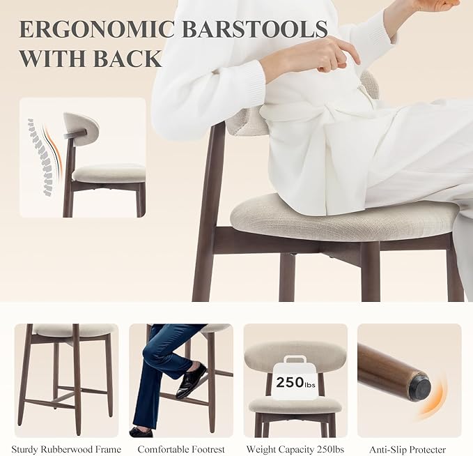 Upholstered Counter Height Bar Stools Set of 6, Kitchen Island Stools with Back, Modern Counter Stools Island Bar Chairs with Wood Legs for Kitchen Island Dining Room Bar, Beige