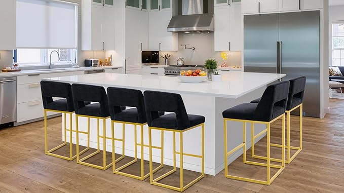 Black and Gold Counter Height Bar Stools Set of 3 for Kitchen Counter Modern Bar Chairs with Backs for Kitchen Island with Upholstered Fabric Seat and Metal Frame, 26 Inch