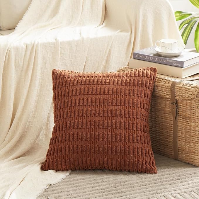 Fancy Homi 2 Packs Rust Decorative Throw Pillow Covers 18x18 Inch for Living Room Couch Bed Sofa, Soft Striped Corduroy Square Cushion Case 45x45 cm, Terracotta Rustic Farmhouse Boho Home Decor