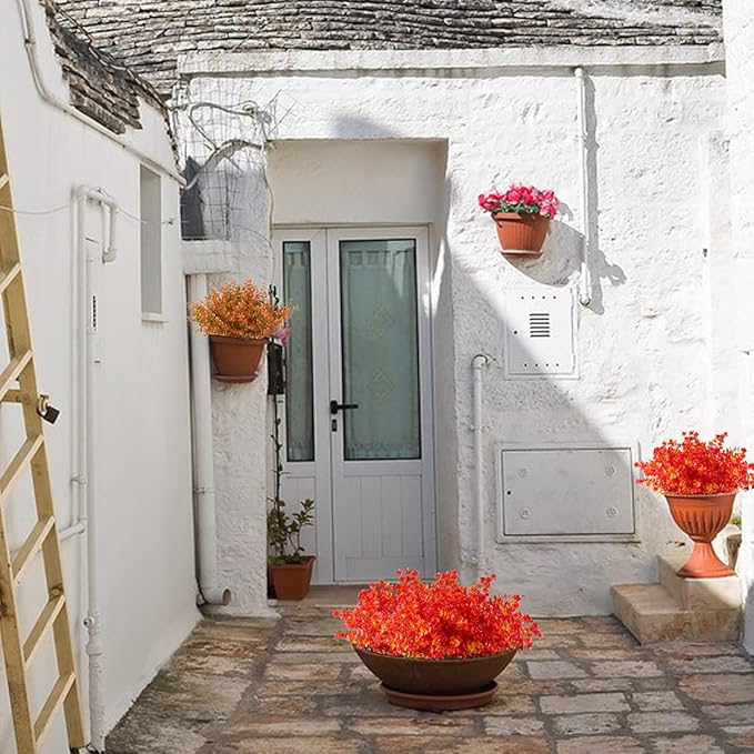 10PCS Artificial Eucalyptus Plants,Fake Boxwood Shrubs UV Resistant No Fade Faux Plastic Greenery for Wedding Bridal Bouquet Indoor Outdoor Home Garden Kitchen Office Table Vase(Fall Red)