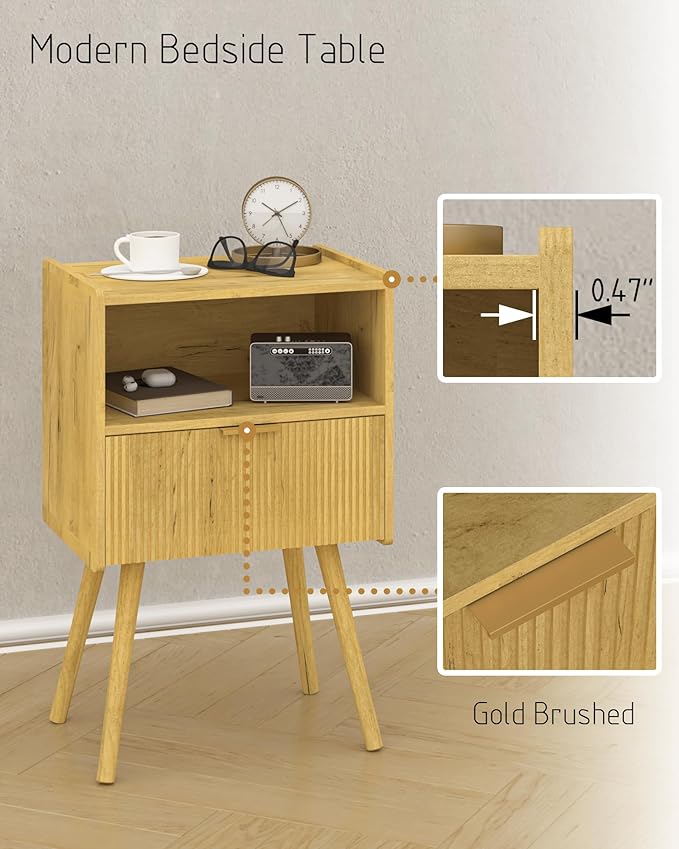 Nightstand,Modern Bedside Table with Storage Drawer and Open Wood Shelf, for Living Room, Bedroom and Small Spaces, Accent Night Stand with Solid Wood Legs, Easy Assembly,Vintage Yellow Oak