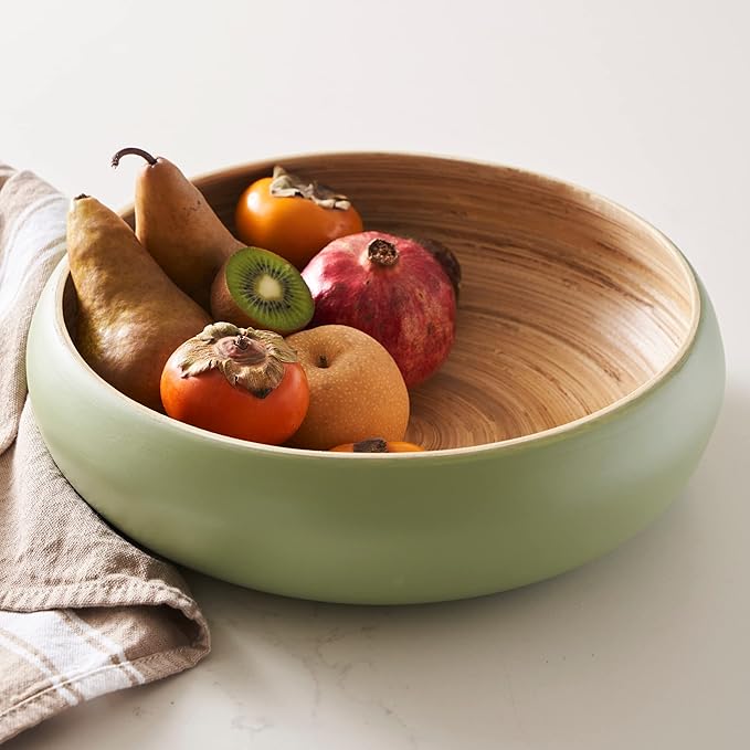 Fruit Bowl For Kitchen Counter, Decorative Bowl, Large Serving Bowl Or Fruit Basket For Kitchen Spun Bamboo (Sage)